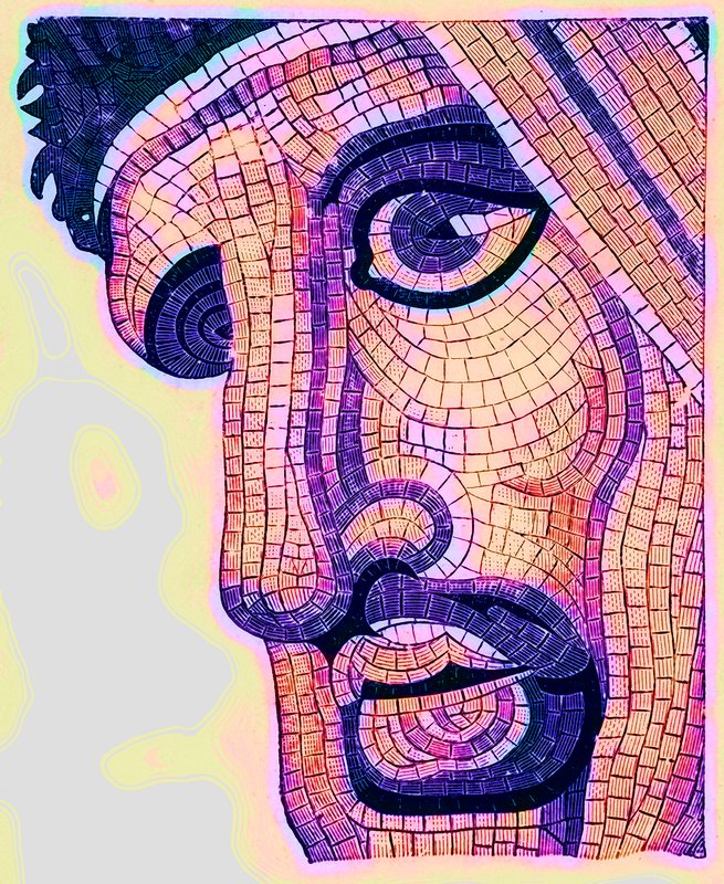 Kopf in Mosaik, aus Die Schlacht von Issus, Illustration aus Historischer Schmuck von James Ward, veröffentlicht 1897 (digital verbessert) von English School