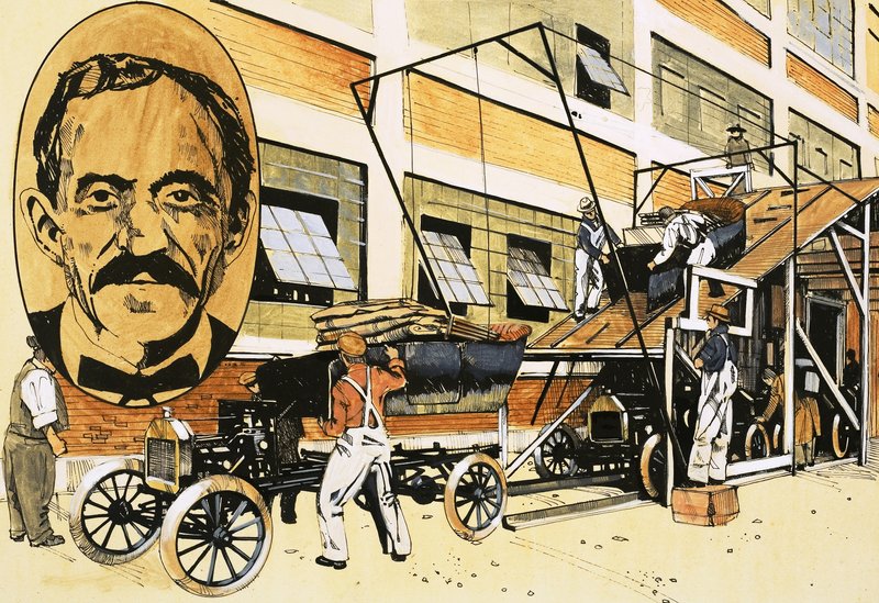 Henry Ford und seine erste Produktionslinie von 1908 von English School
