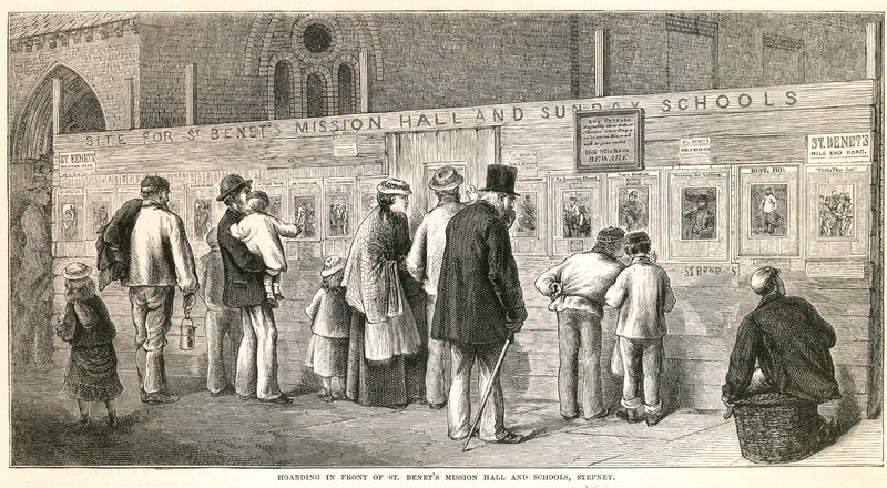 Plakatwand vor der St Benets Missionshalle und Schulen, Stepney von English School