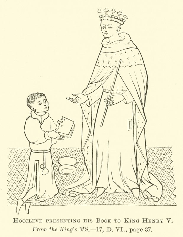 Hoccleve überreicht sein Buch König Heinrich V. von English School