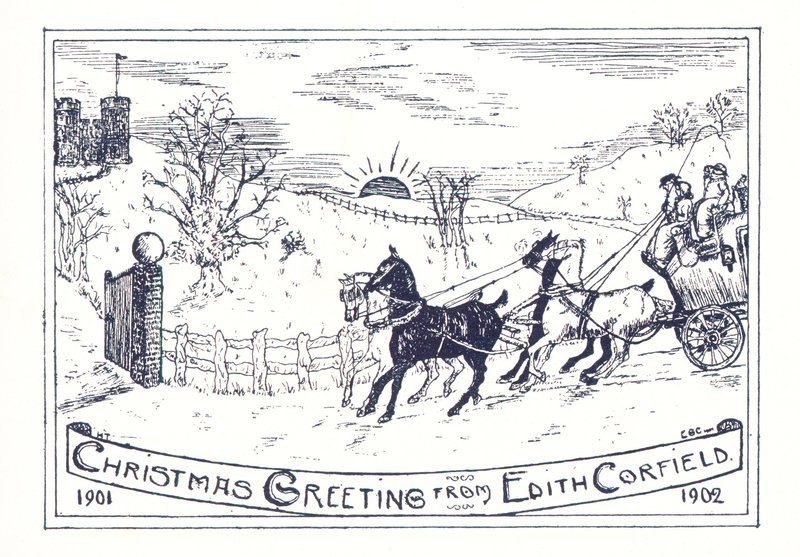Pferd und Kutsche reisen zum Schloss, Weihnachtskarte von English School
