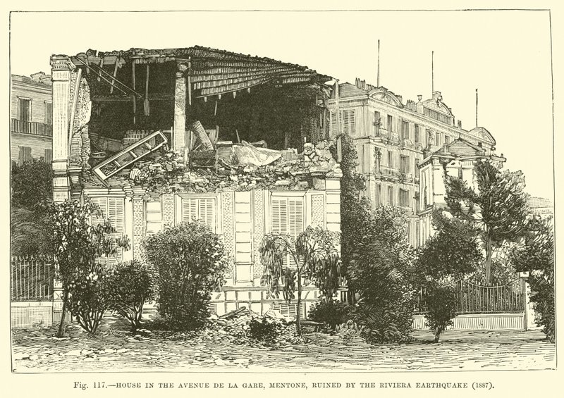 Haus in der Avenue de la Gare, Mentone, zerstört durch das Riviera-Erdbeben, 1887 von English School