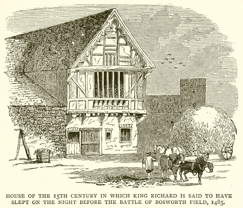 Haus aus dem 15. Jahrhundert, in dem König Richard angeblich in der Nacht vor der Schlacht von Bosworth Field geschlafen hat, 1485 von English School
