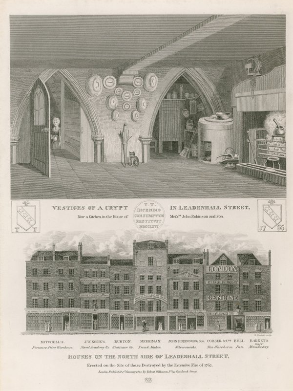 Häuser auf der Nordseite der Leadenhall Street, errichtet auf dem Gelände der durch das große Feuer von 1765 zerstörten Gebäude von English School