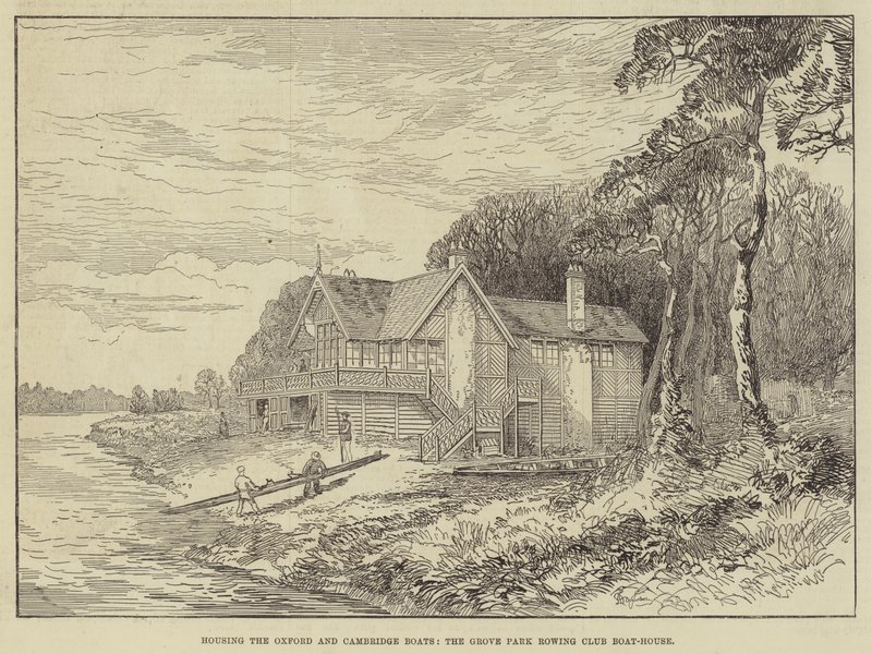 Unterbringung der Oxford- und Cambridge-Boote, das Bootshaus des Grove Park Ruderclubs (Gravur) von English School