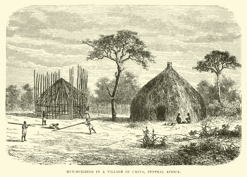 Hüttenbau in einem Dorf von Uhiya, Zentralafrika von English School