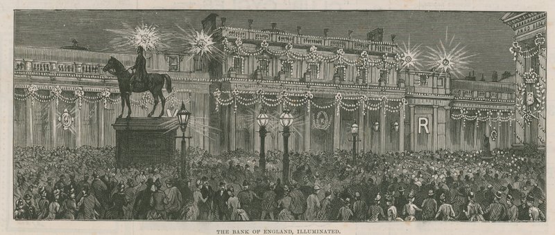 Illuminationen schmücken die Bank of England von English School