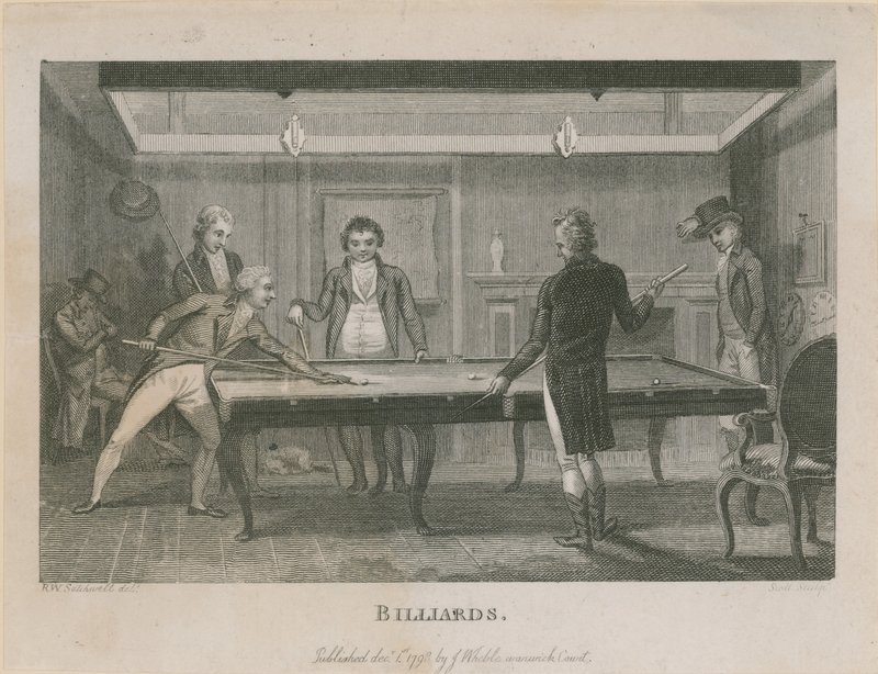Illustration, die eine Gruppe von Männern beim Billardspielen darstellt von English School
