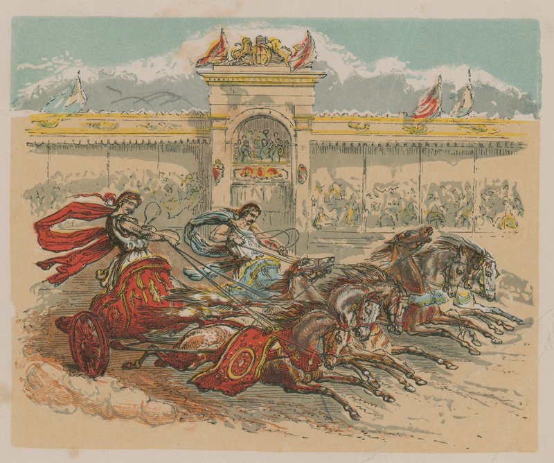 Illustration, die zwei Streitwagen darstellt von English School