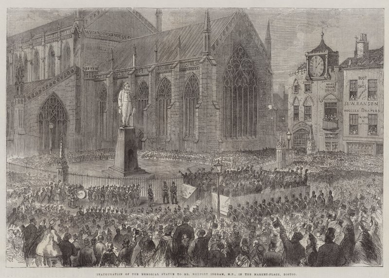 Einweihung der Gedenkstatue für Mr. Herbert Ingram, MP, auf dem Marktplatz in Boston (Stich) von English School