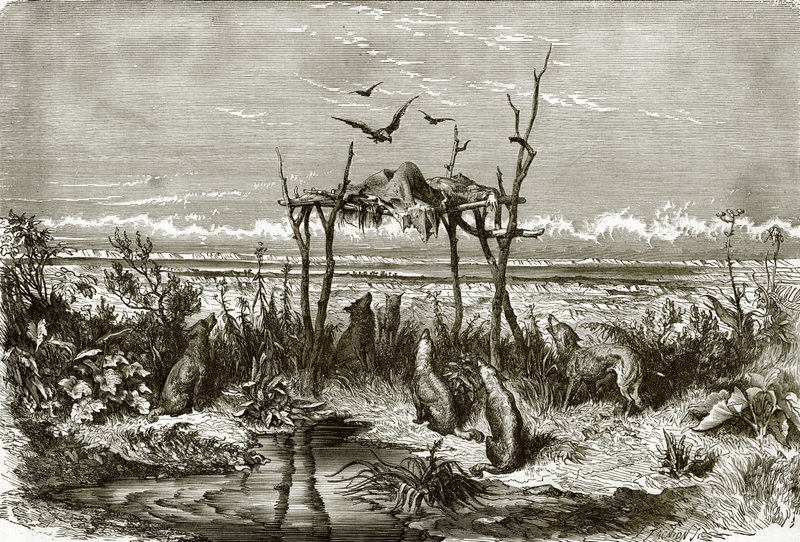 Indisches Grabmal in der Prärie mit hohem Gras, am Saskatchewan-Fluss von English School