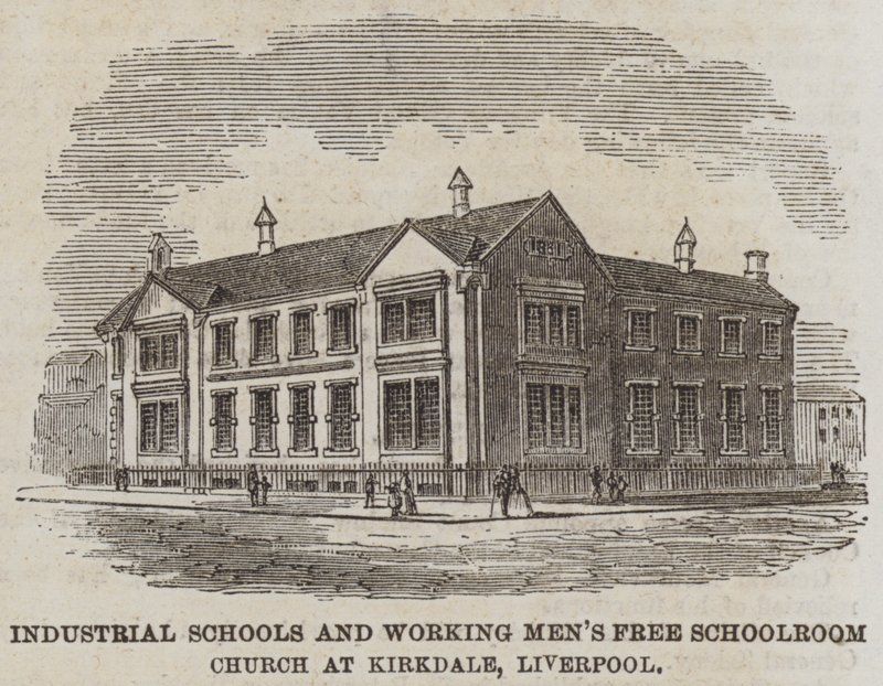Industrieschulen und kostenlose Schulräume für Arbeiter in der Kirche von Kirkdale, Liverpool (Stich) von English School