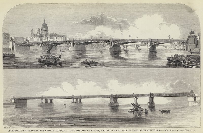 Geplante neue Blackfriars-Brücke, London, die London, Chatham und Dover Eisenbahnbrücke, bei Blackfriars (Gravur) von English School