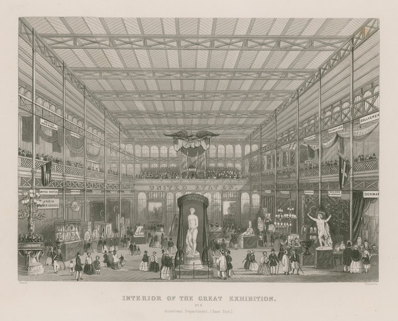 Innenansicht der Großen Ausstellung, 1851, Amerikanische Abteilung (East End) von English School