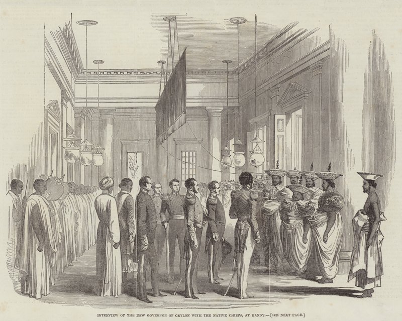 Interview des neuen Gouverneurs von Ceylon mit den einheimischen Häuptlingen in Kandy (Stich) von English School