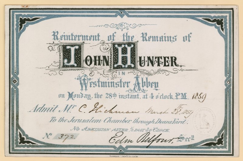 Einladung zur Wiederbestattung von John Hunters Überresten in der Westminster Abbey, London, 28. März 1859 von English School