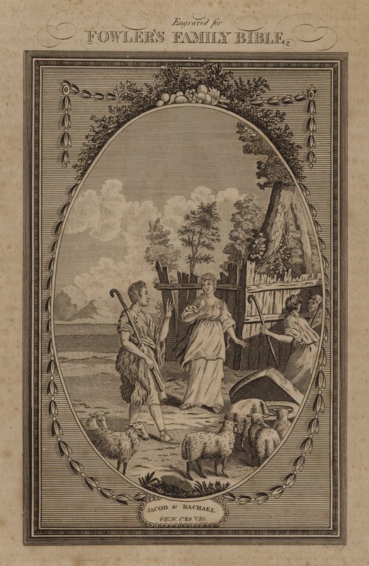 Jakob und Rahel, Genesis, Kapitel 29, Vers 10 (Gravur) von English School