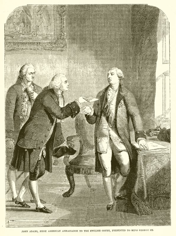 John Adams, erster amerikanischer Botschafter am englischen Hof, wird König Georg III. vorgestellt von English School