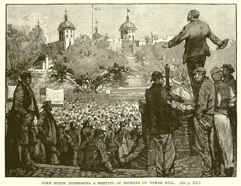 John Burns spricht zu einer Versammlung von Dockarbeitern auf dem Tower Hill von English School