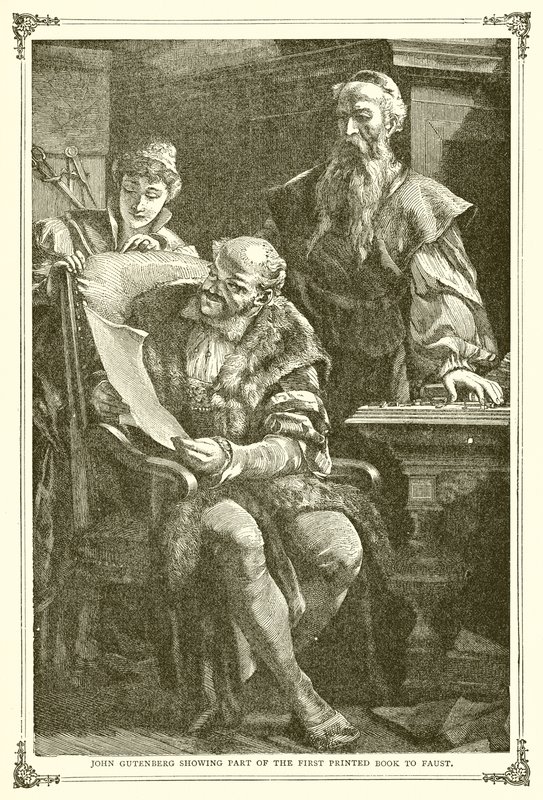 Johannes Gutenberg zeigt einen Teil des ersten gedruckten Buches Faust von English School