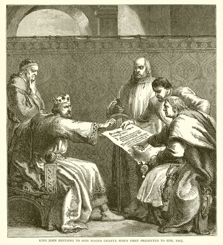 König Johann verweigert die Unterzeichnung der Magna Charta, als sie ihm erstmals vorgelegt wird, 1215 von English School