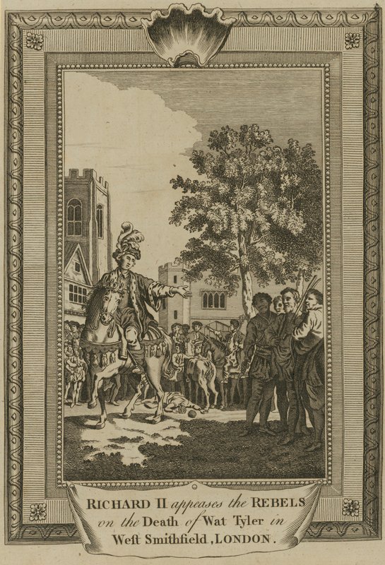 König Richard II. beruhigt die Rebellen nach dem Tod von Wat Tyler in West Smithfield, London von English School