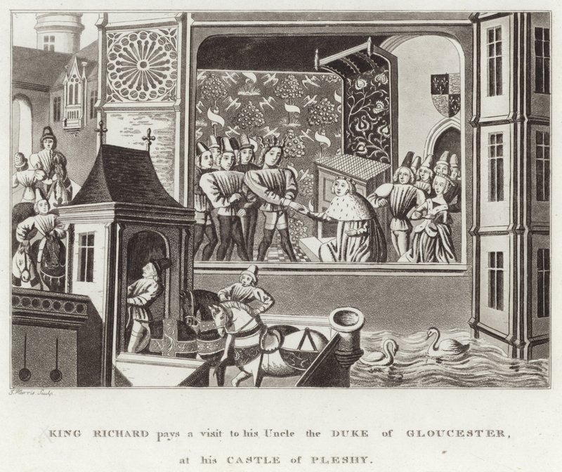 König Richard besucht seinen Onkel, den Herzog von Gloucester, in seinem Schloss Pleshy von English School