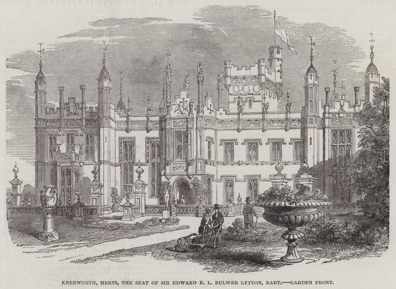 Knebworth, Herts, der Sitz von Sir Edward E L Bulwer Lytton, Baronet, Gartenfront von English School