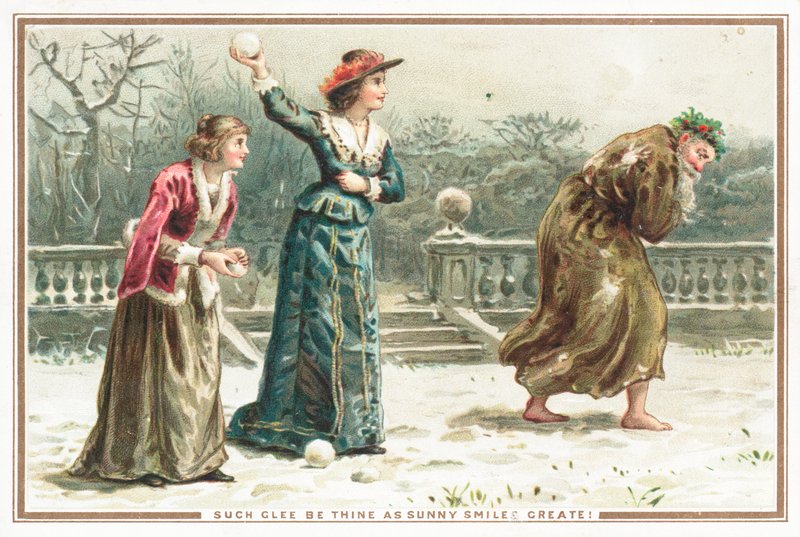 Damen werfen Schneebälle auf alten Mann, Weihnachtskarte von English School