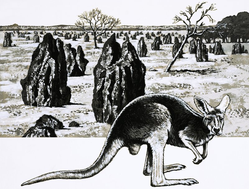 Große Termitenhügel in der Nähe von Darwin, Australien, und ein Känguru im Vordergrund von English School