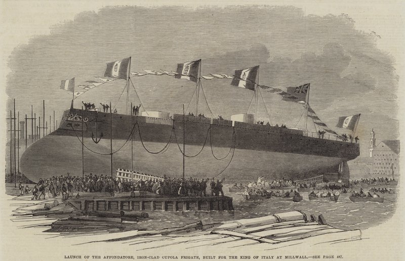Start der Affondatore, Eisenpanzer-Kuppelfregatte, gebaut für den König von Italien in Millwall, 1865 von English School