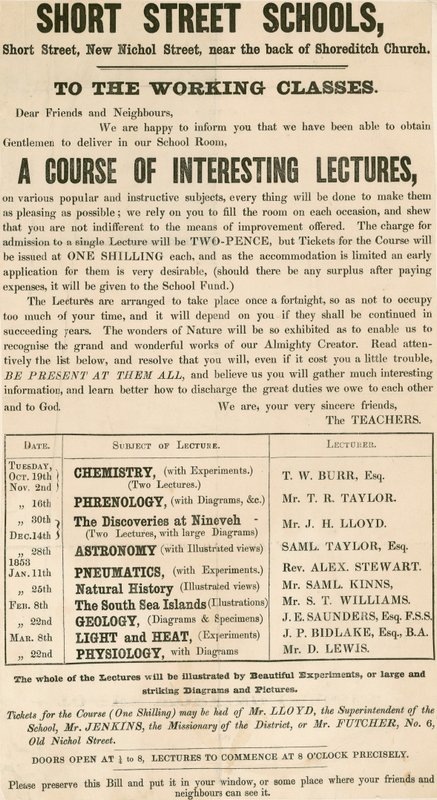 Flugblatt, das einen Kurs von Vorlesungen für die Arbeiterklasse bewirbt von English School