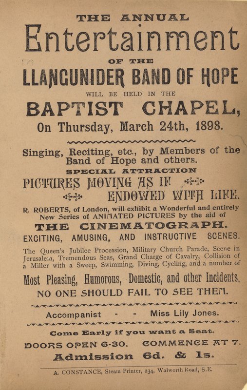 Flugblatt, das die jährliche Unterhaltung der Llangunider Band of Hope bewirbt von English School