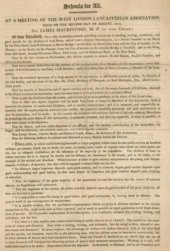 Flugblatt, das eine Resolution der West London Lancasterian Association erklärt, ab August 1813 Unterricht für Kinder anzubieten von English School