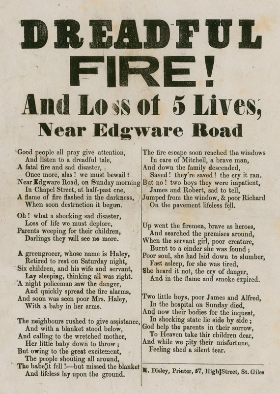 Flugblatt mit Versen zu einem Feuer in der Nähe der Edgware Road, London von English School