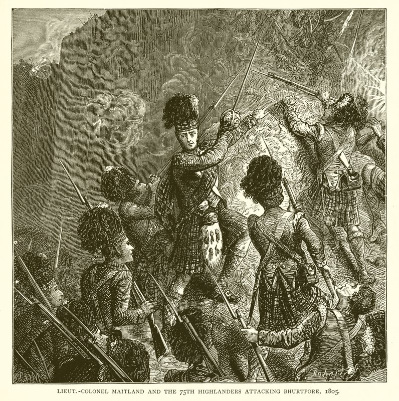 Oberstleutnant Maitland und die 75. Highlander greifen Bhurtpore an, 1805 von English School