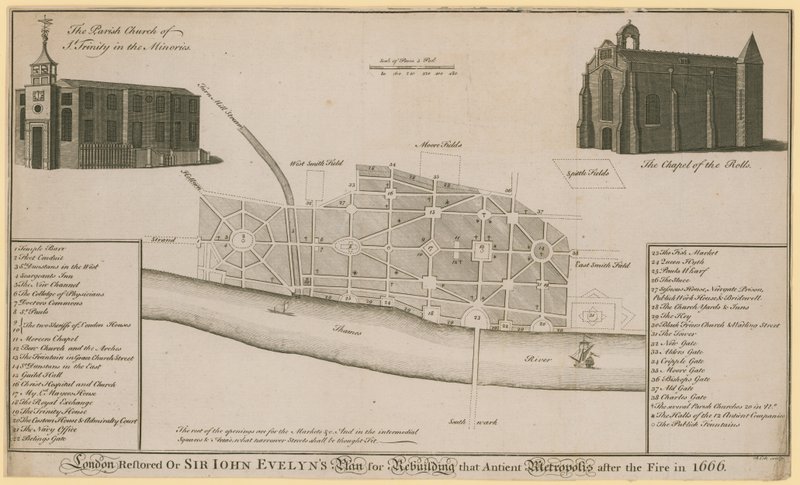 London restauriert, oder Sir John Evelyns Plan zum Wiederaufbau dieser alten Metropole nach dem Brand von 1666 von English School