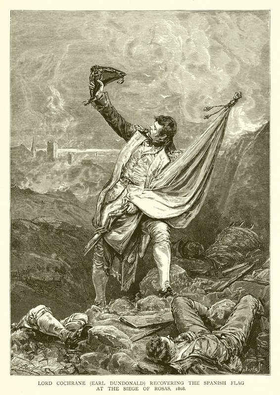 Lord Cochrane (Earl Dundonald) erobert die spanische Flagge bei der Belagerung von Rosas, 1808 von English School