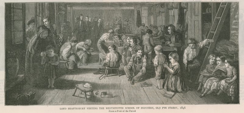 Lord Shaftesbury besucht die Westminster School of Industry, Old Pye Street, London, 1846 von English School