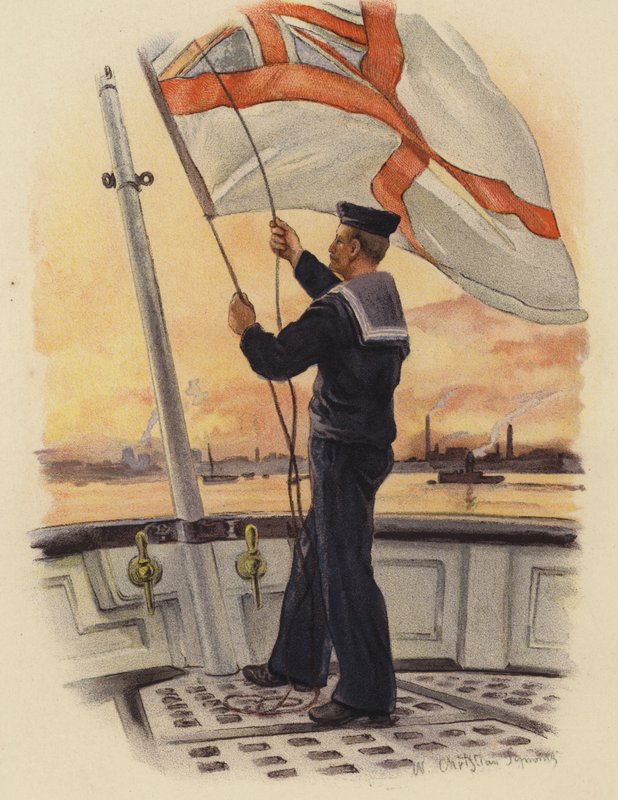 Das Einholen der Flagge bei Sonnenuntergang von English School