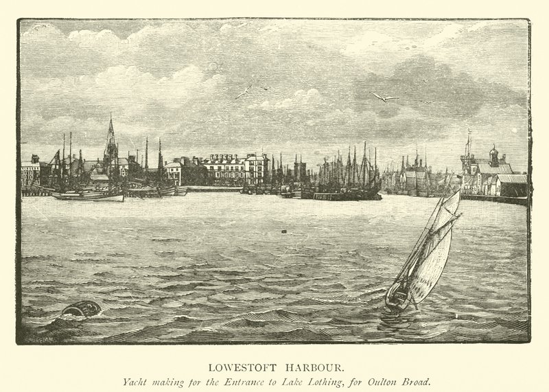 Lowestoft Hafen. Yacht auf dem Weg zum Eingang von Lake Lothing, nach Oulton Broad von English School