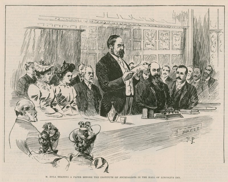 M Emile Zola liest ein Papier vor dem Institut der Journalisten in der Halle von Lincolns Inn, London von English School