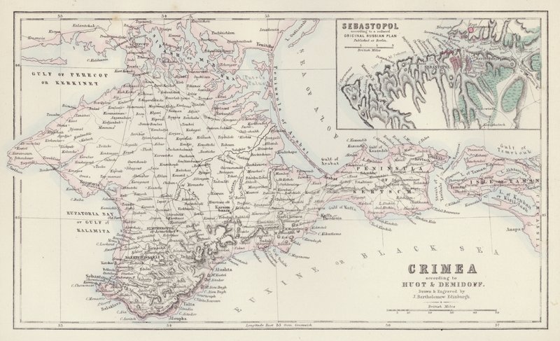 Karte: Krim, nach Huot und Demidoff, gezeichnet und graviert von J. Bartholomew, Edinburgh; Sewastopol, nach einem reduzierten Original-Russischen Plan, veröffentlicht in Berlin von English School