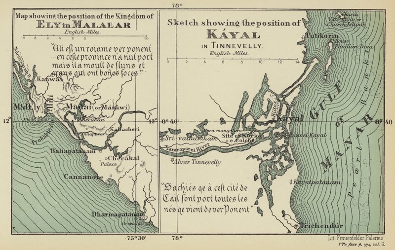 Karte, die die Position des Königreichs Ely in Malabar zeigt, Skizze, die die Position von Kayal in Tinnevelly zeigt (Farblithographie) von English School