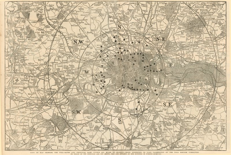 Karte der Mautstellen und Hauptbarrieren innerhalb von 6 Meilen von Charing Cross, vorgelegt an Lord Palmerston vom Mautreformkomitee von English School