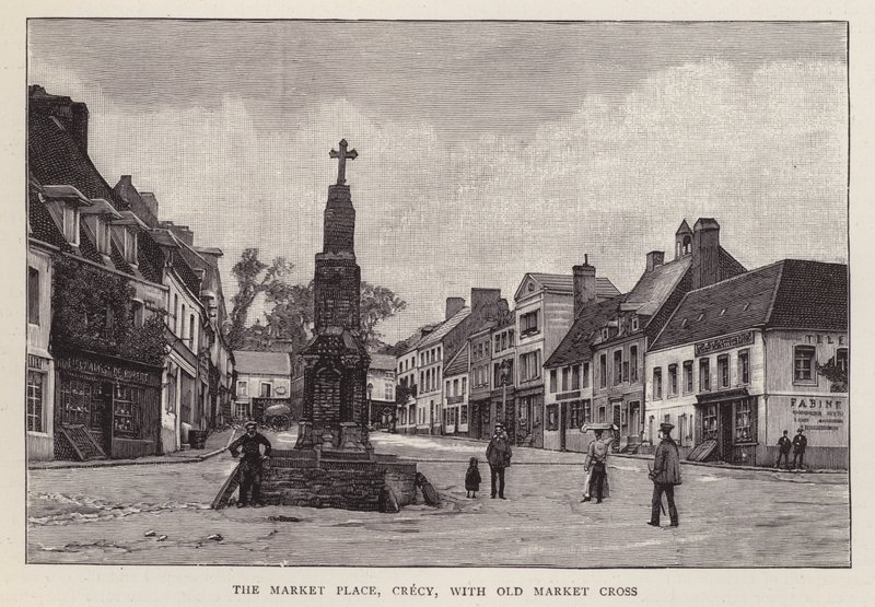 Marktplatz, Crecy, Frankreich, mit dem alten Marktkreuz von English School