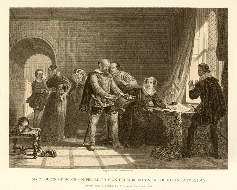 Maria Stuart wird gezwungen, ihre Abdankung in Schloss Lochleven zu unterschreiben von English School