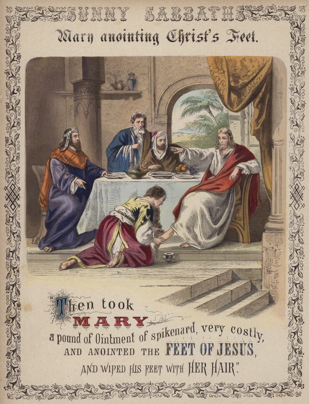 Maria salbt die Füße Christi (farbige Gravur) von English School