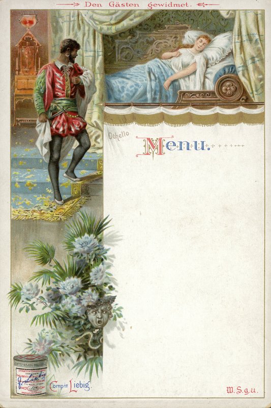 Menü mit einer Szene aus Othello und einer Werbung für Liebigs Fleischextrakt von English School