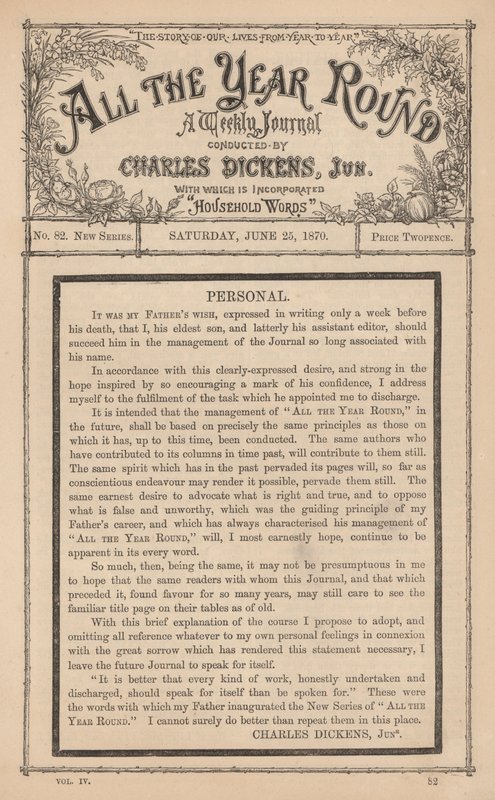 Nachricht von Charles Dickens Junior im Wochenjournal All The Year Round, nach dem Tod seines Vaters von English School